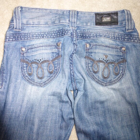 GUESS "premium denim" sparkly rhinestones medium wash bootcut jeans - Picture 3 of 9